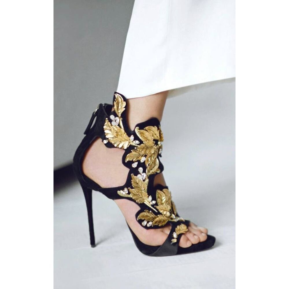 Giuseppe Zanotti Coline Black Suede Gold Leaf Crystal Heel Sandals size IT 37.5